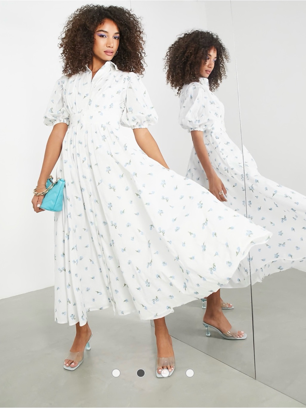 Asos Edition Midi Shirt Dress White Embroidered Blue Ditsy Floral Women's Us-6